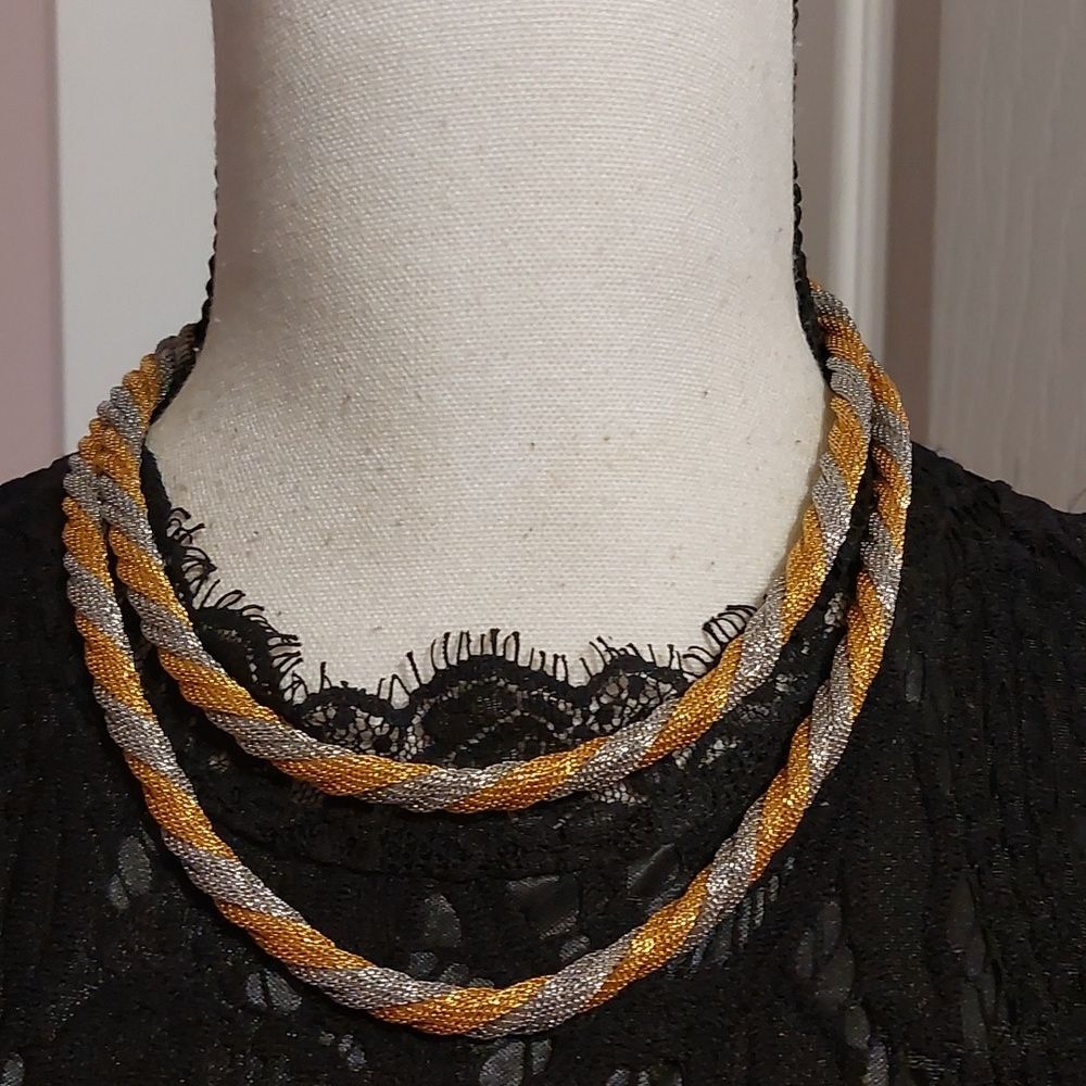 Vintage Signed Twisted Two Tone Rope Chain Double Strand Choker Necklace